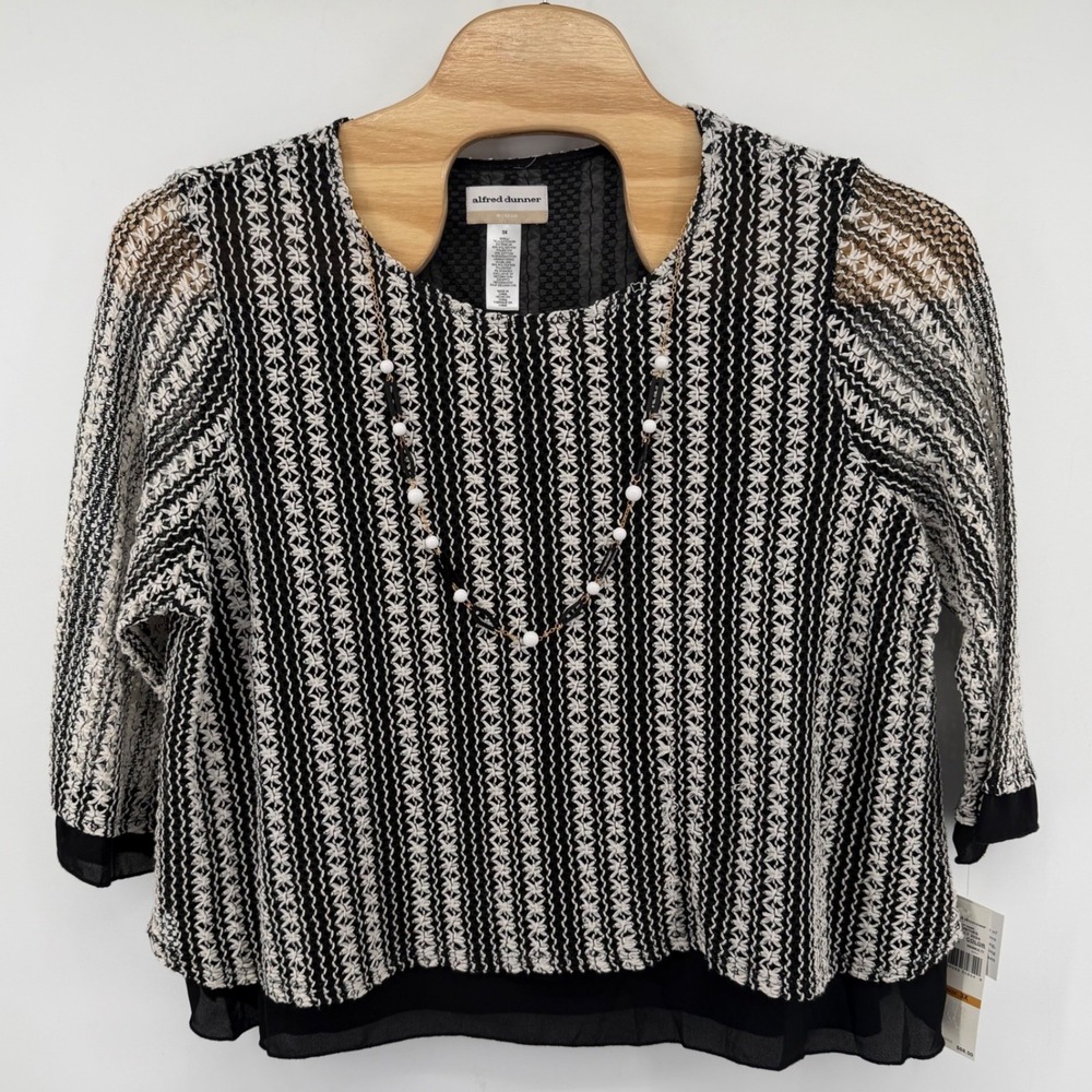 Alfred Dunner Top Womens 3X Black White Blouse Textured Knit 3/4 sleeve new
